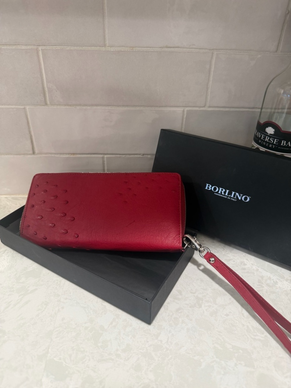Borlino Genuine Ostrich Leather Wristlet Wallet Red Made in Italy